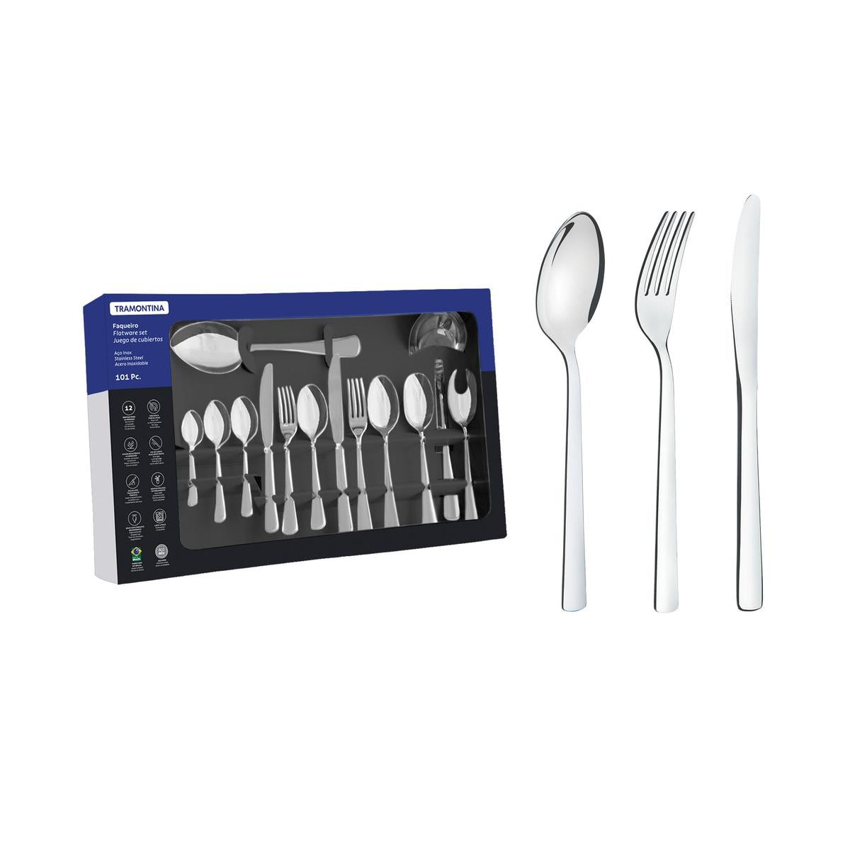 Faqueiro 101 Peças Aço Inox Oslo Tramontina Alto Brilho Com Facas De Mesa