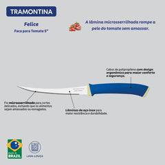 Faca Para Tomate Tramontina Felice 5 Polegadas Lâmina Inox Cabo Polipropileno Azul Alta Precisão