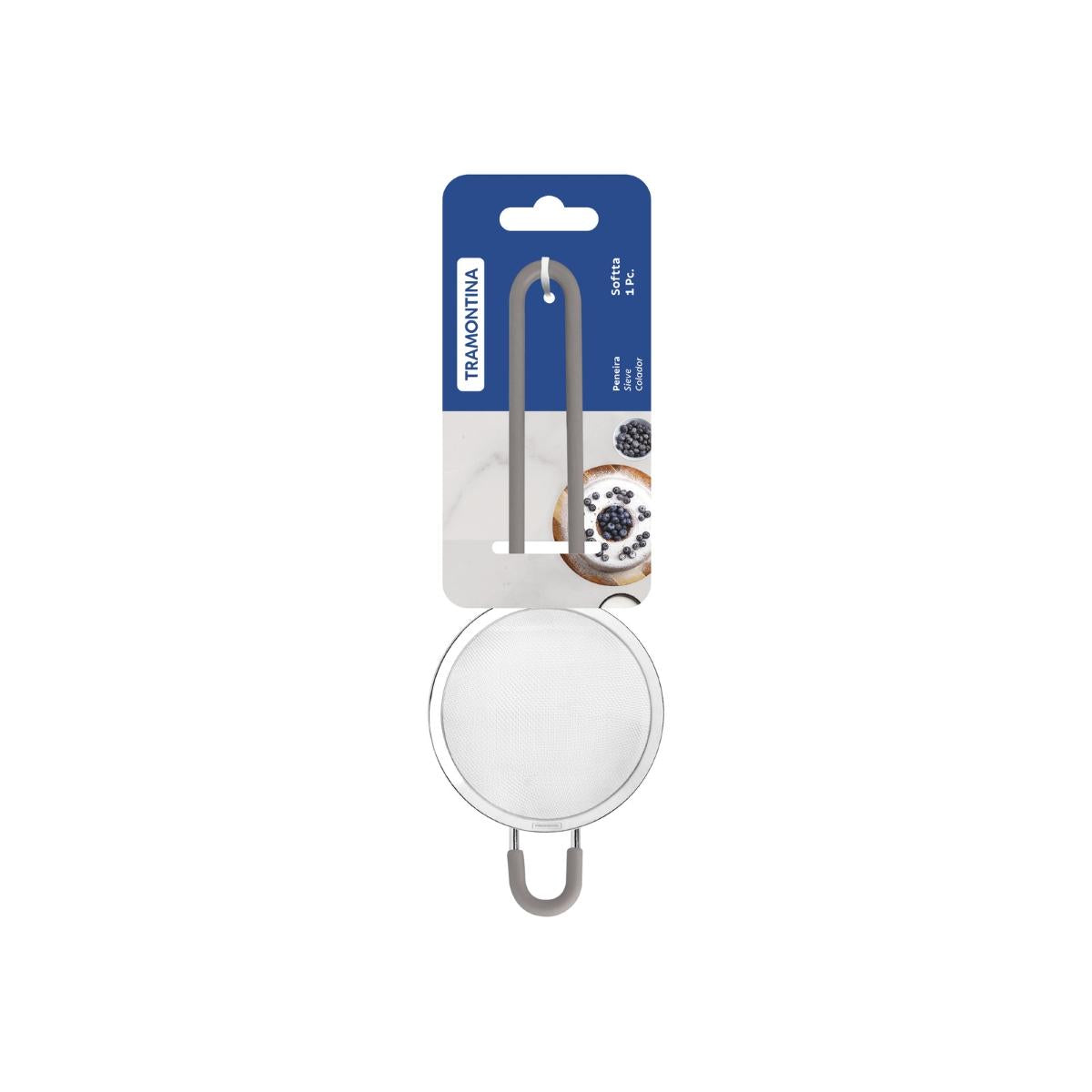 Peneira Tramontina Softta Aço Inox 8,8 cm Com Cabo E Alça Em Silicone Cinza Para Cozinha