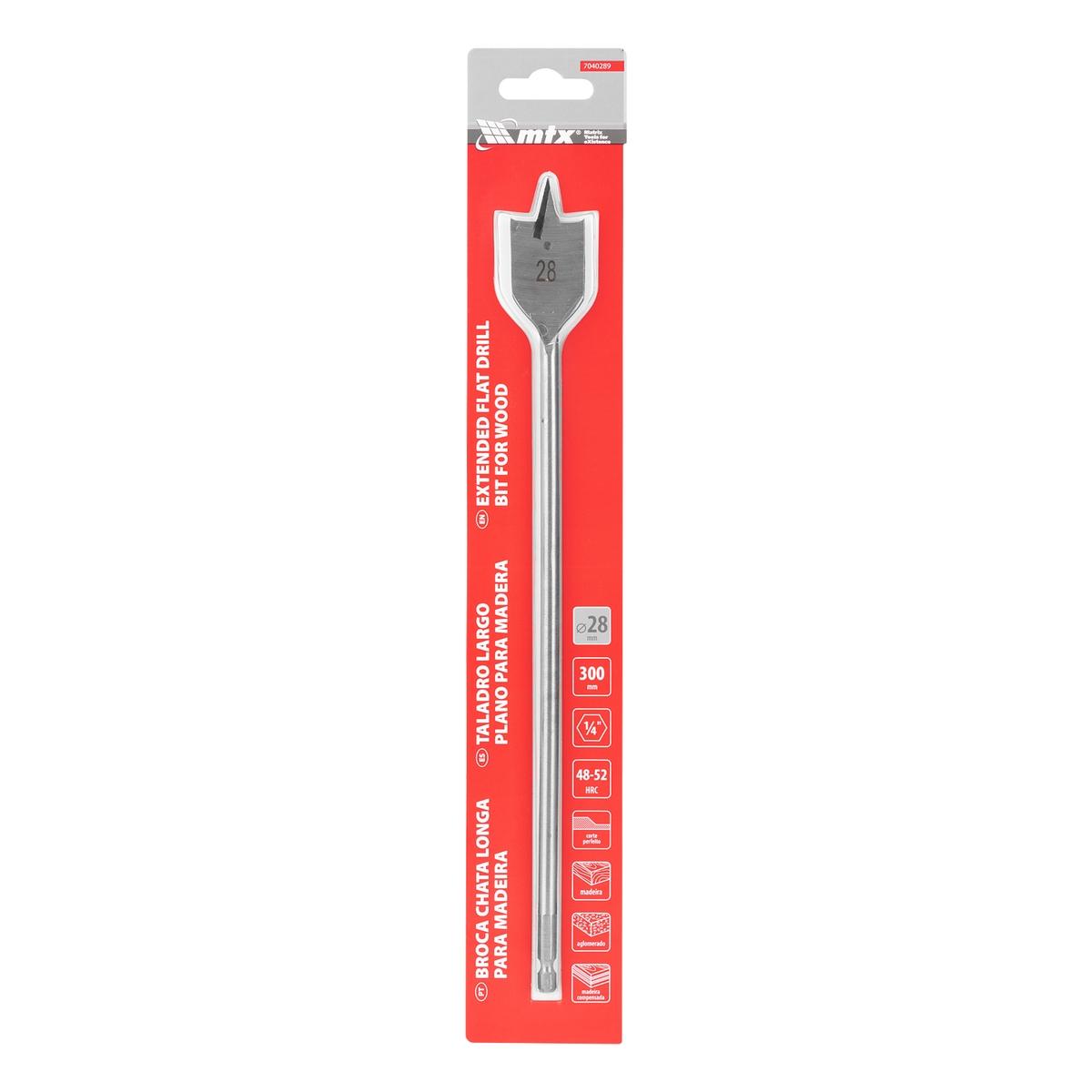Broca Chata Para Madeira Longa 28mm 300mm Aço 45 Haste Hexagonal 7mm MTX 7040289 Furos Precisos