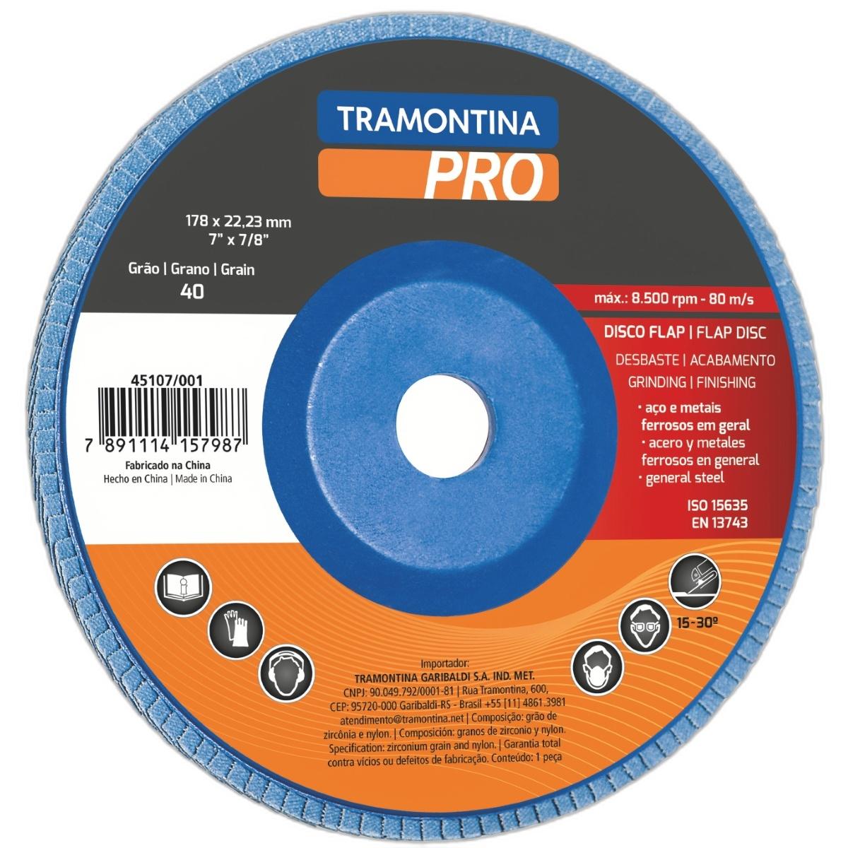 Disco Flap Acabamento 7'' Grão 40 Tipo 29 Velocidade 80m/s 8500rpm Tramontina PRO