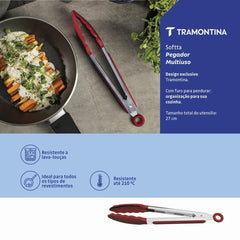 Pegador Multiuso Tramontina Softta Silicone Vermelho 27 Cm Resistente 210 Graus Aço Inox