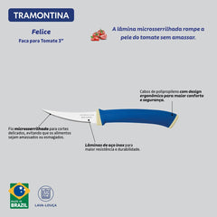 Faca Para Tomate Tramontina Felice Aço Inox 3 Polegadas Cabo Polipropileno Azul Fio Microsserrilhado