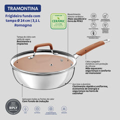Frigideira Funda Com Tampa 24 Cm 3,1 L Tramontina Romagna Inox Cerâmica Indução