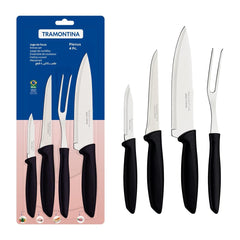 Jogo De Facas Tramontina Plenus 4 Peças Aço Inox E Cabo Polipropileno Preto Cozinha Premium