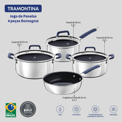 Jogo De Panelas 4 Peças Tramontina Romagna Cerâmico Black Stone Inox Indução 2,9 Mm