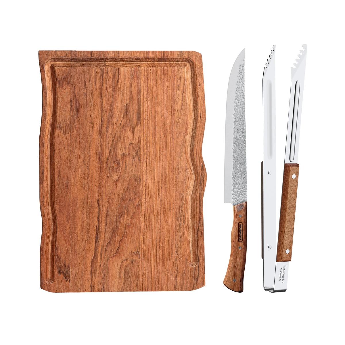 Kit Para Churrasco Tramontina 3 Peças Com Tábua Aço Inox E Cabo Em Madeira Natural
