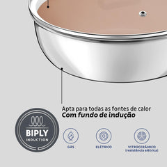 Frigideira Funda Com Tampa 24 Cm 3,1 L Tramontina Romagna Inox Cerâmica Indução