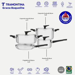 Jogo De Panelas Tramontina Grano Baquelite Aço Inox Corpo Triplo 4 Peças Indução