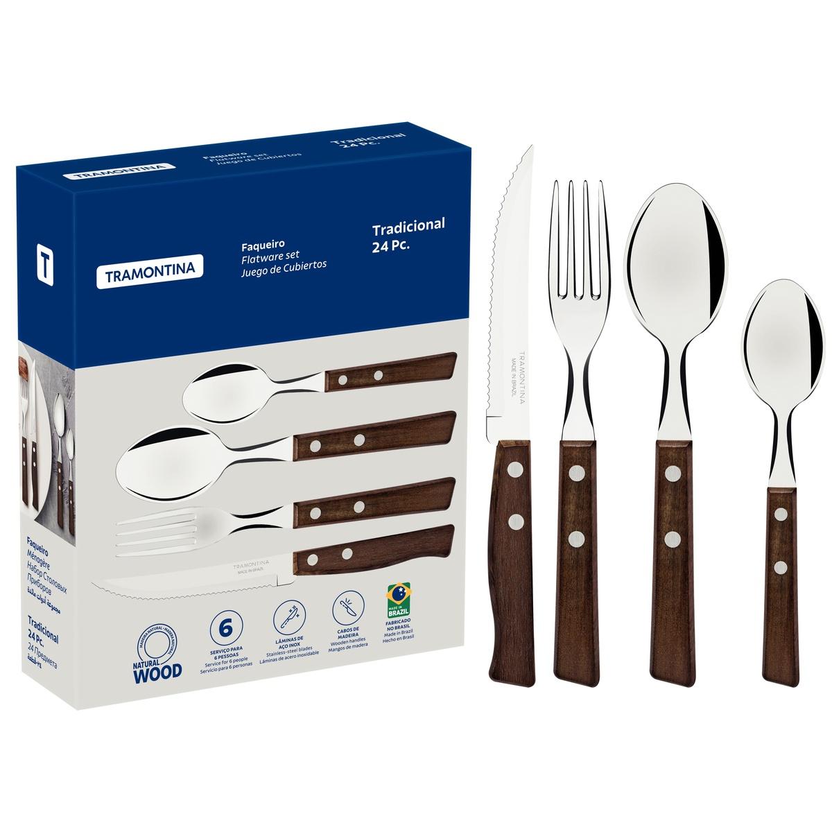 Faqueiro Tramontina Tradicional 24 Peças Aço Inox Cabos Madeira Natural Resistente Jogo Completo