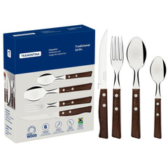 Faqueiro Tramontina Tradicional 24 Peças Aço Inox Cabos Madeira Natural Resistente Jogo Completo