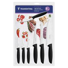 Jogo De Facas Tramontina Plenus 07 Peças Aço Inox Cabos Preto Resistente Para Cozinha Profissional