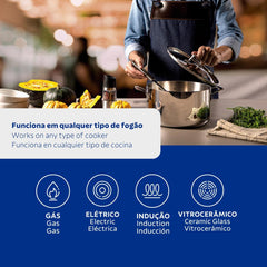Caçarola Tramontina Grano Funda Aço Inox Corpo Triplo 24 cm 5,8 L Indução Forno 260°C Tampa