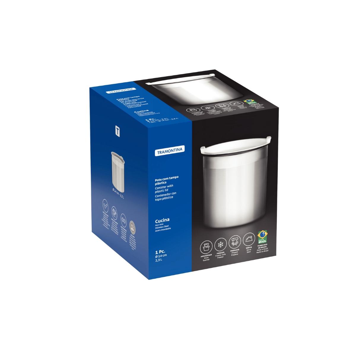 Pote Tramontina Cucina Em Aço Inox 2,3 L 14 Cm Para Mantimentos Com Tampa Plástica