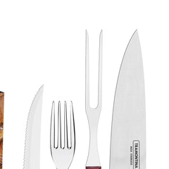 Kit Para Churrasco Tramontina 14 Peças Aço Inox Polywood Vermelho Lâmina Resistente Facas E Garfos
