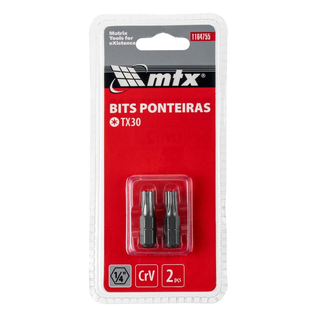 Bit Torx T30 25 mm Cromo Vanádio 2 Peças Haste 1/4 Polegada Mtx