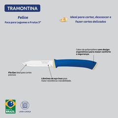 Faca Para Legumes E Frutas Tramontina Felice 3 Polegadas Lâmina Aço Inox Cabo Polipropileno Azul