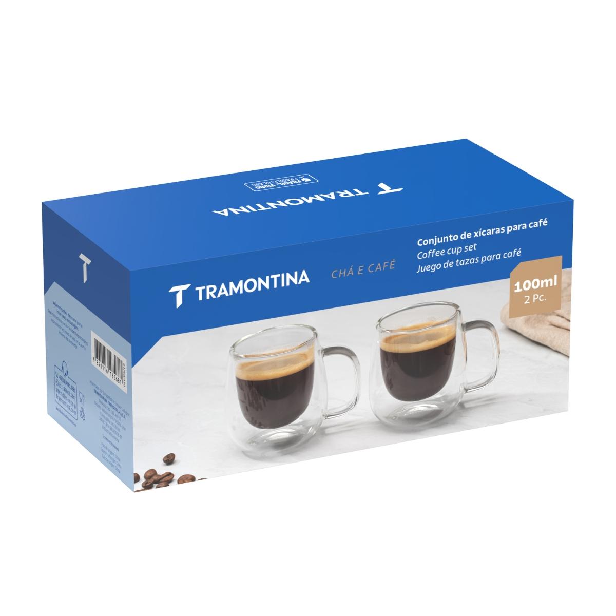 Conjunto 2 Xícaras Tramontina Vidro Duplo 100ml Café Térmico Design Moderno Elegante Gourmet