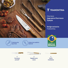 Jogo Para Churrasco Tramontina 3 Peças Aço Inox E Cabo De Madeira Natural