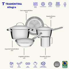 Jogo De Panelas Tramontina Allegra Aço Inox Fundo Triplo 5 Peças Indução 260°C
