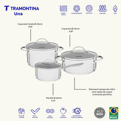 Jogo De Panelas Aço Inox 3 Pç Fundo Triplo Indução Linha Una Tramontina