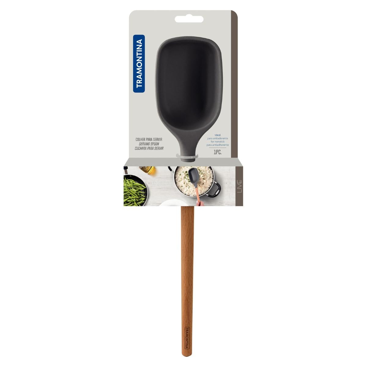 Colher De Servir Tramontina Live Silicone Cinza Cabo Madeira Resistente 210°C Antiaderente