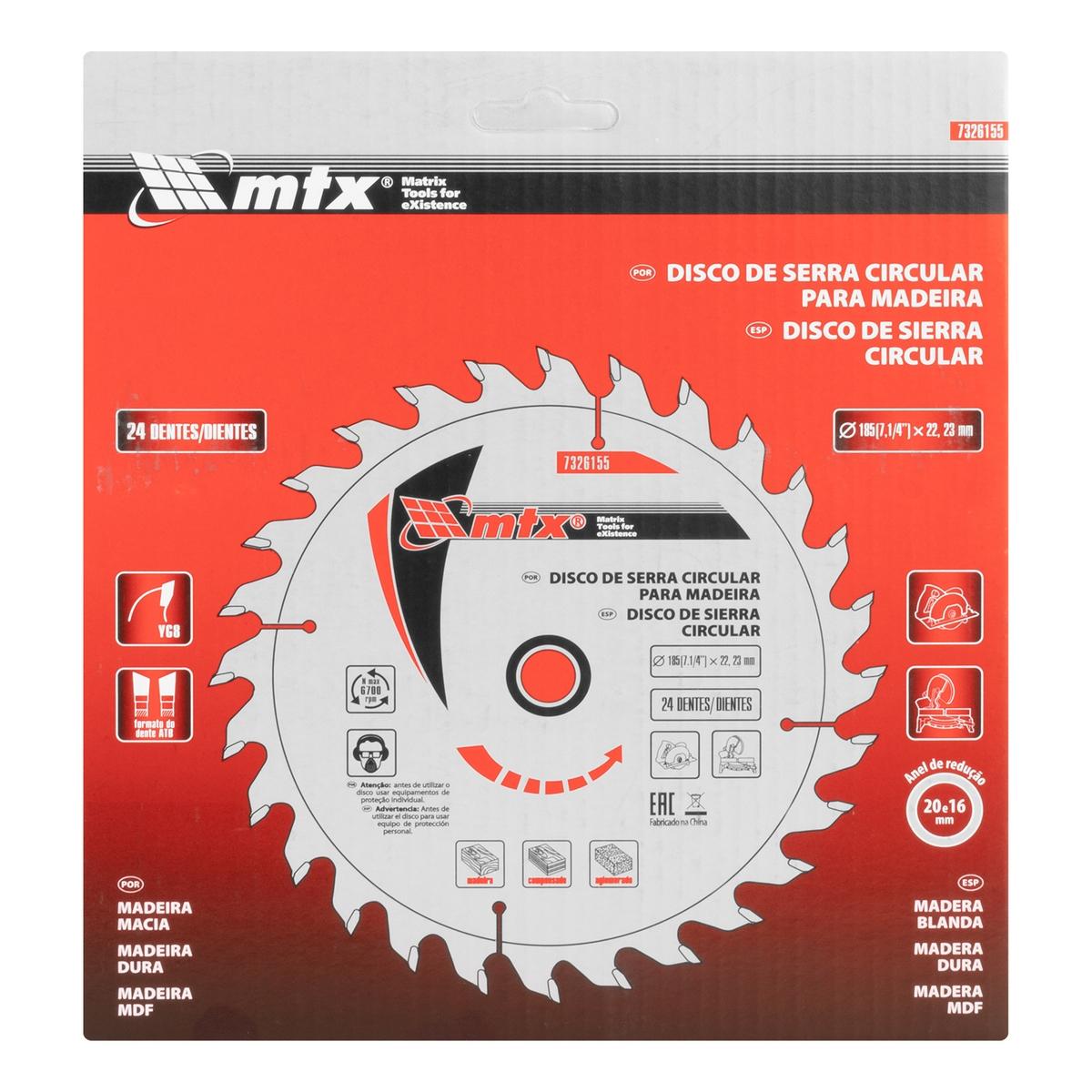 Disco Serra Circular 185mm (7,1/4'') 22,23mm 24 Dentes Para Madeira Mtx