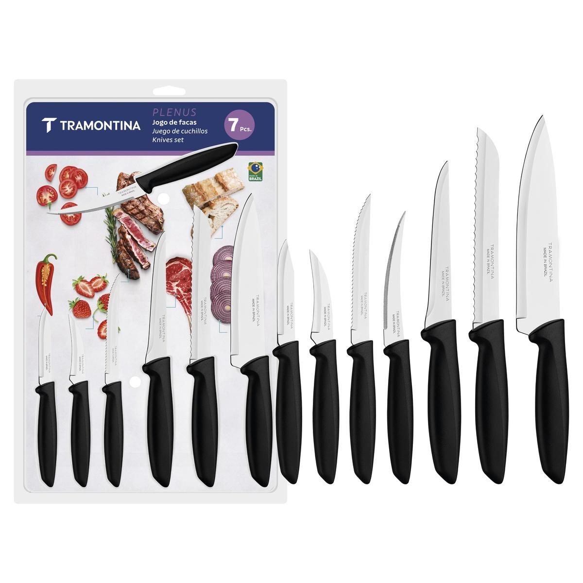Jogo De Facas Tramontina Plenus 07 Peças Aço Inox Cabos Preto Resistente Para Cozinha Profissional