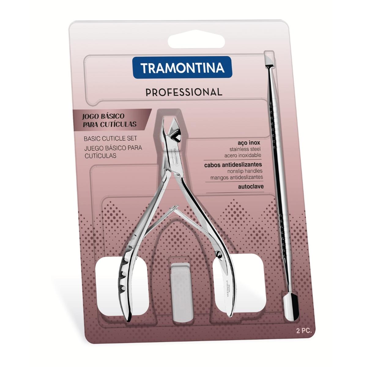 Jogo Para Cutículas Tramontina 2 Peças Aço Inox Alicate Mola Dupla E Empurrador Profissional