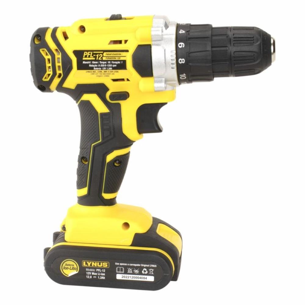 Parafusadeira 12V 1350 RPM Com Carregador Bateria e Bits PFL-12 Lynus
