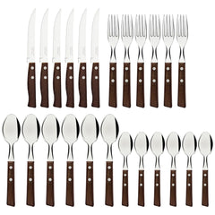Faqueiro Tramontina Tradicional 24 Peças Aço Inox Cabos Madeira Natural Resistente Jogo Completo