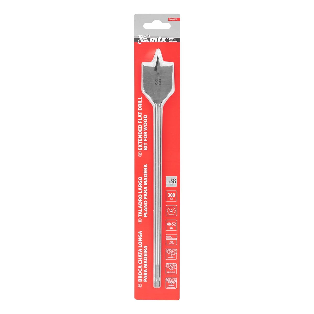 Broca Chata Para Madeira Longa 38mm 300mm Aço 45 Haste Hexagonal MTX 7040389
