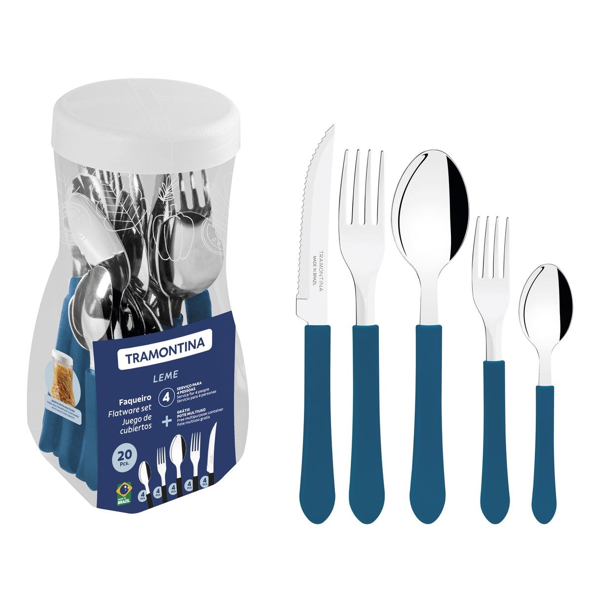 Faqueiro Tramontina Leme 20 Peças Aço Inox Cabos Polipropileno Azul Resistente À Máquina De Lavar
