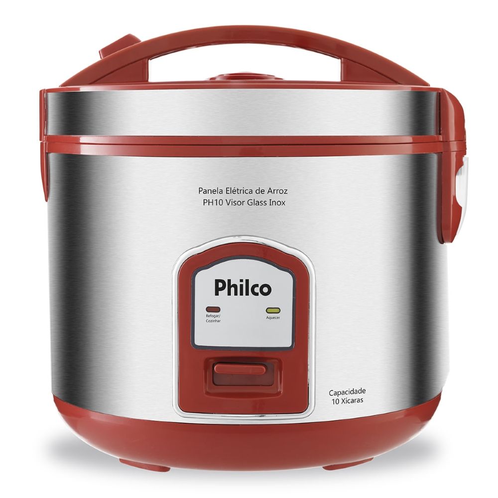 Panela de Arroz Elétrica PH10V Visor Glass Inox Philco Vermelha Com Tampa Transparente 127V