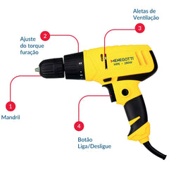 Parafusadeira Elétrica MPE-280W 3/8'' 10mm 220V 60HZ Menegotti Velocidade Variável e Reversível