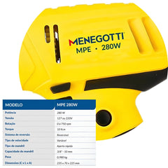 Parafusadeira Elétrica MPE-280W 3/8'' 10mm 220V 60HZ Menegotti Velocidade Variável e Reversível