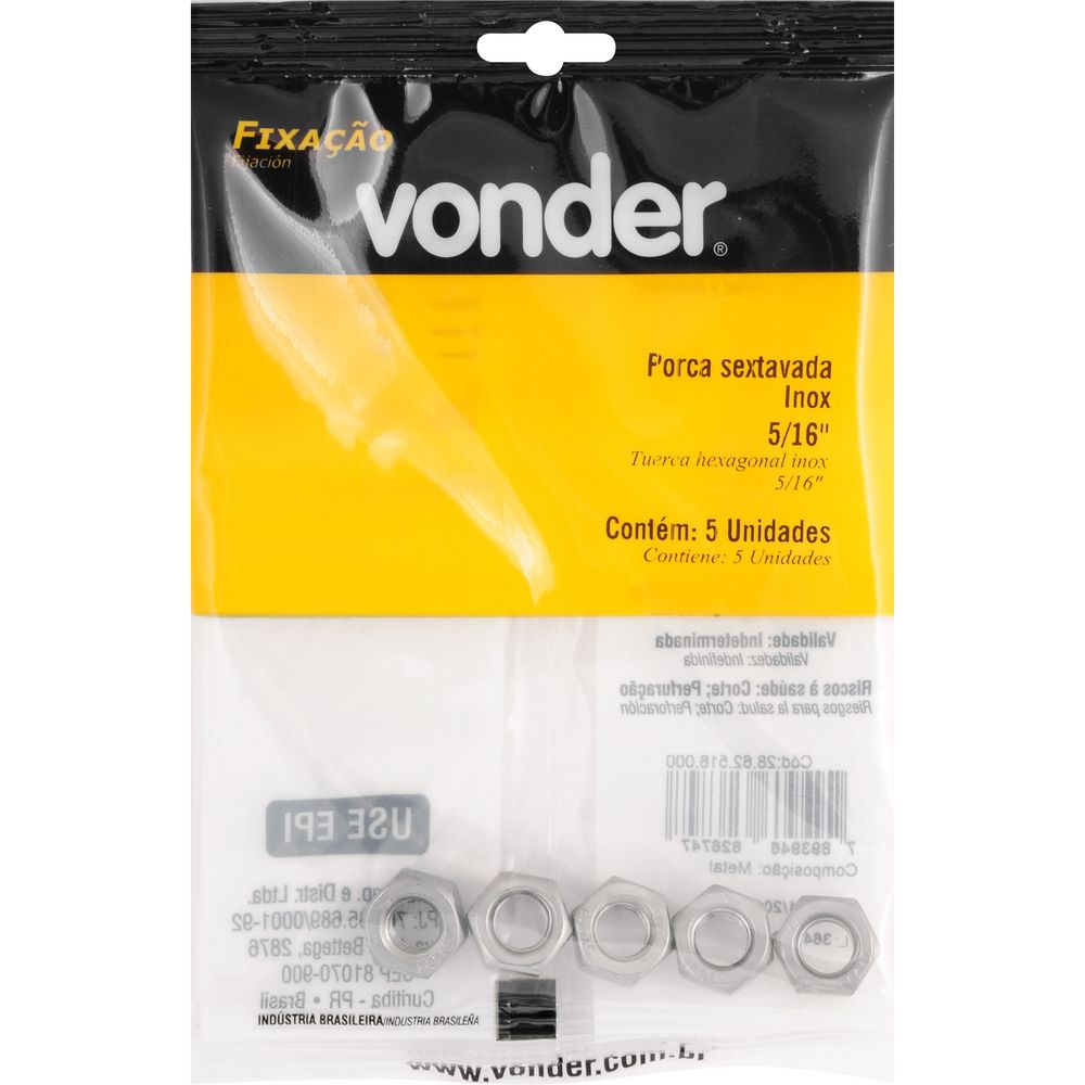 Porca Sextavada Inox 5/16'' com 5 peças Vonder