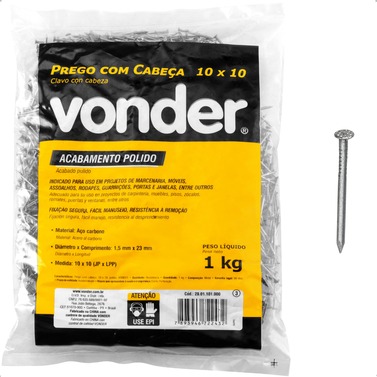 Prego com Cabeça 10 x 10 (7/8 x 17") Polido 1 Kg Vonder