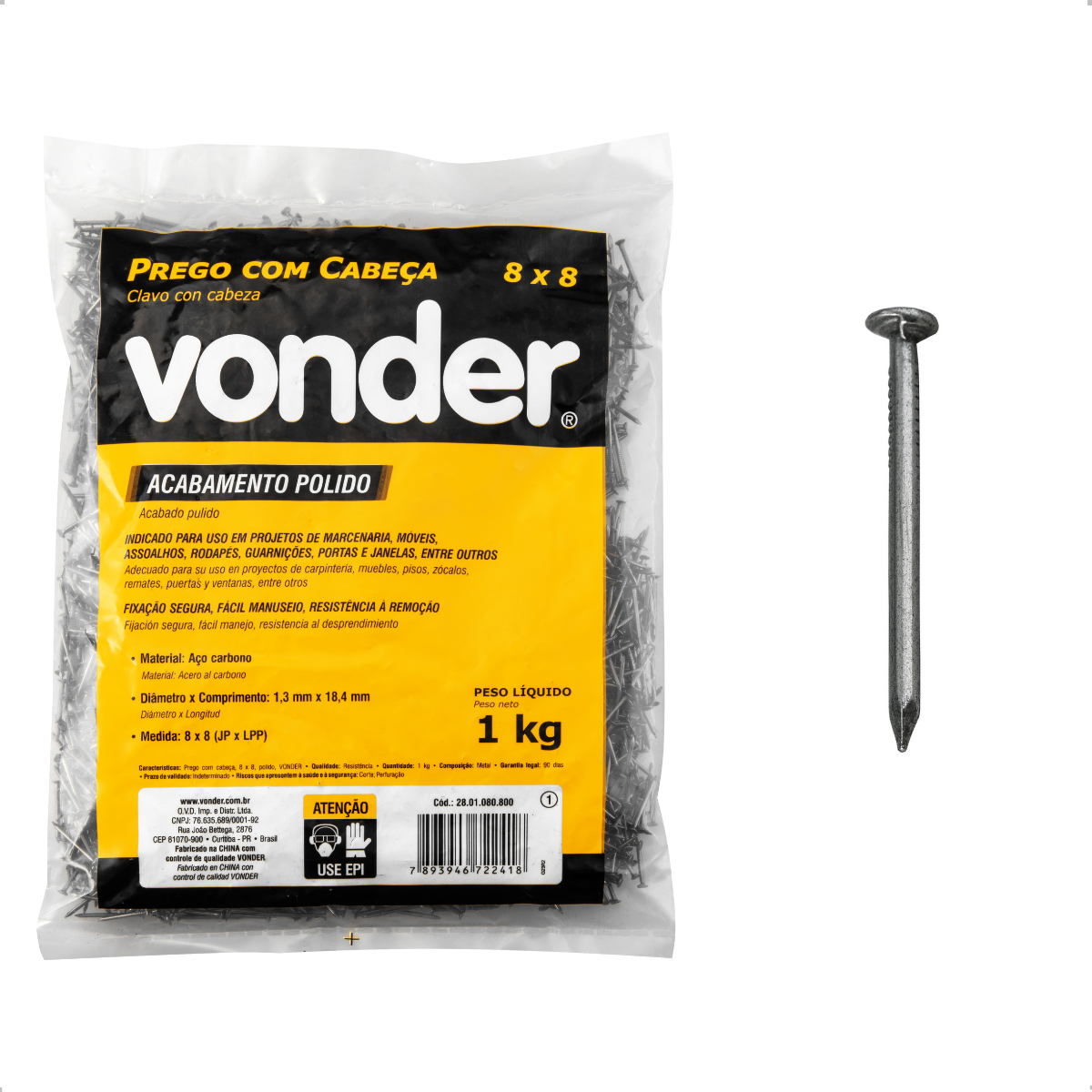 Prego Cabeça 8 x 8 mm Polido 1 Kg Vonder