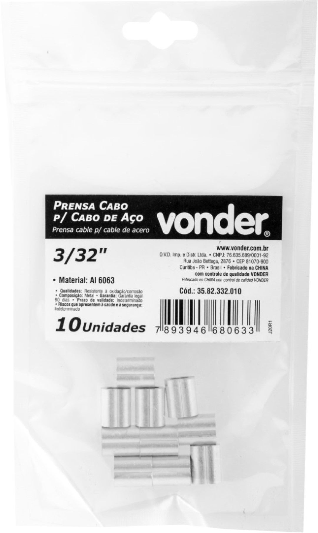 Prensa Cabo p/ Cabos de Aço de 3/32'' com 10 peças Vonder