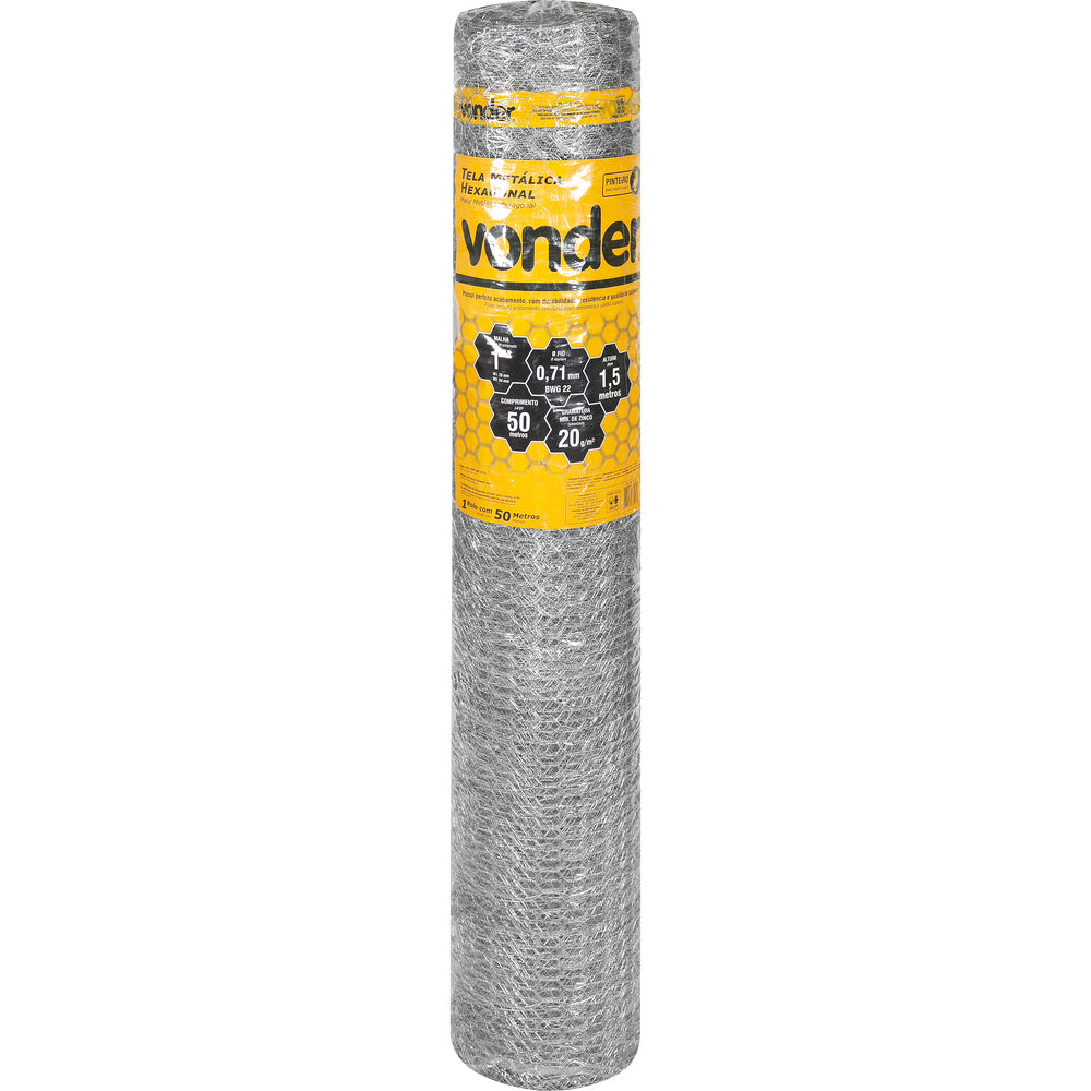 Tela Metálica Pinteiro Hex Malha 1'' BWG22 1,5m 50m Vonder