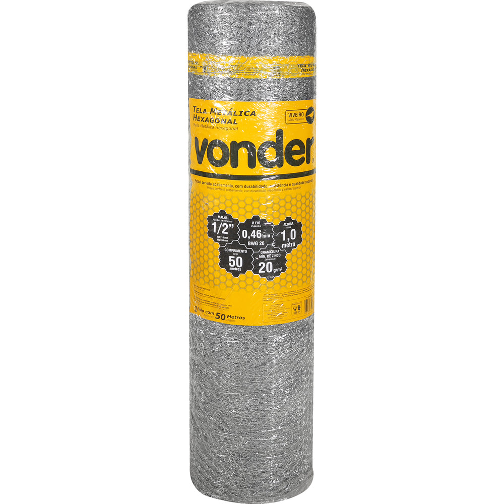 Tela Metálica Viveiro Hex Malha 1/2'' BWG26 1,0m 50m Vonder